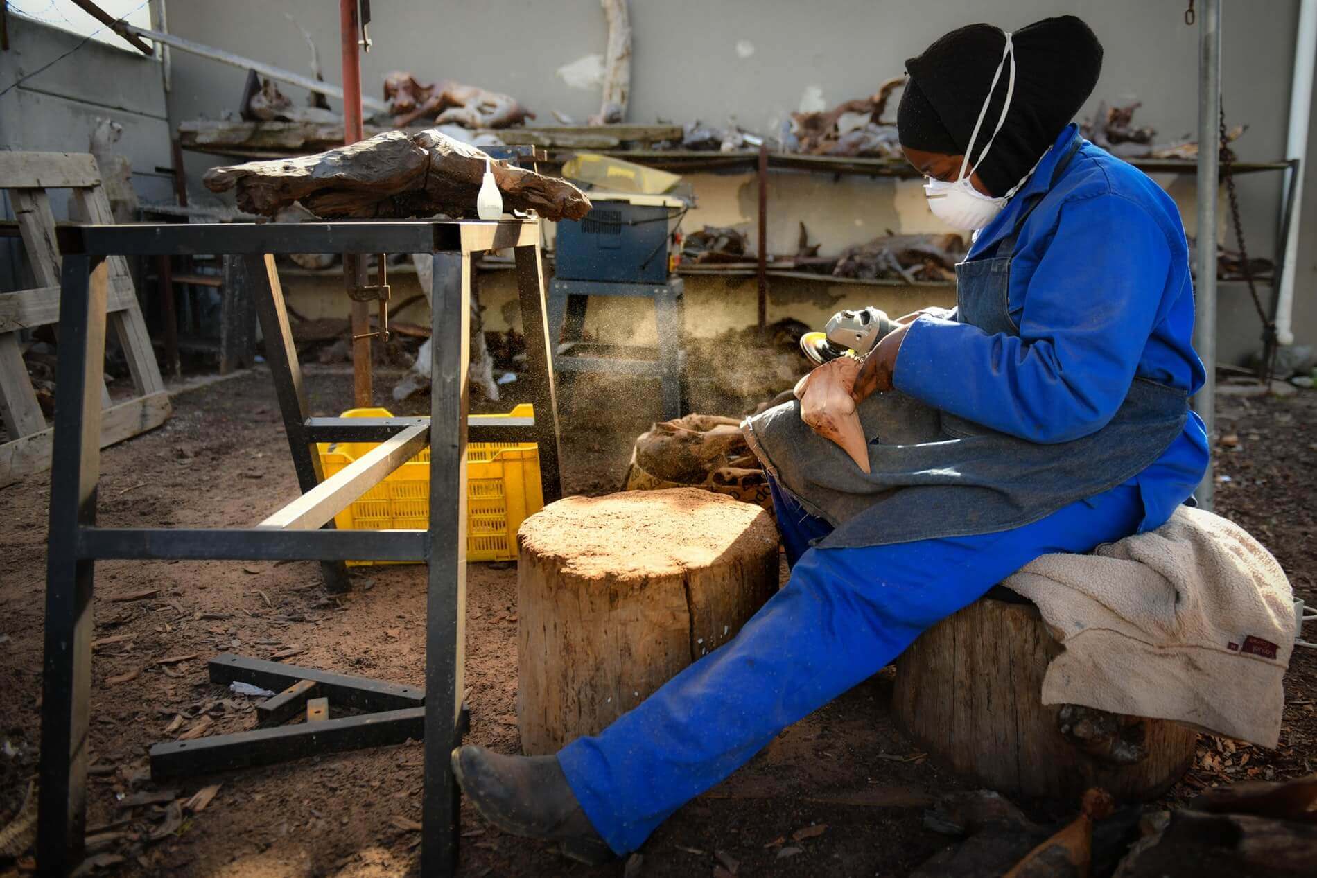 Working on a tree stump.