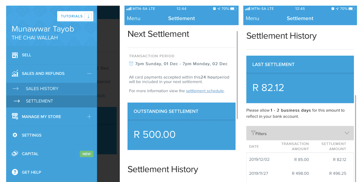 A screenshot of the Yoco Settlement screen in the app.